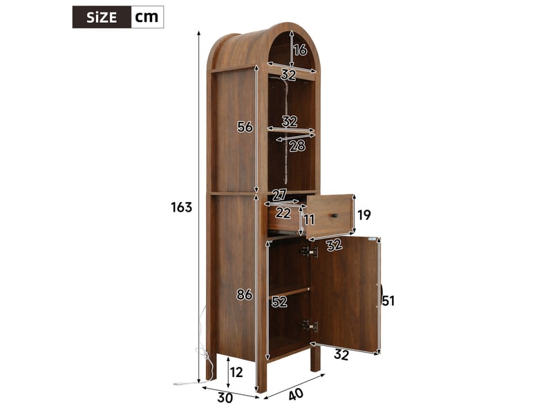  Colonne de salle de bain 163x40x30 cm, finition noyer en panneaux mdf, éclairage led rgb avec app, plateau arqué, porte réversible et tiroir à fermeture magnétique  - Conforama C