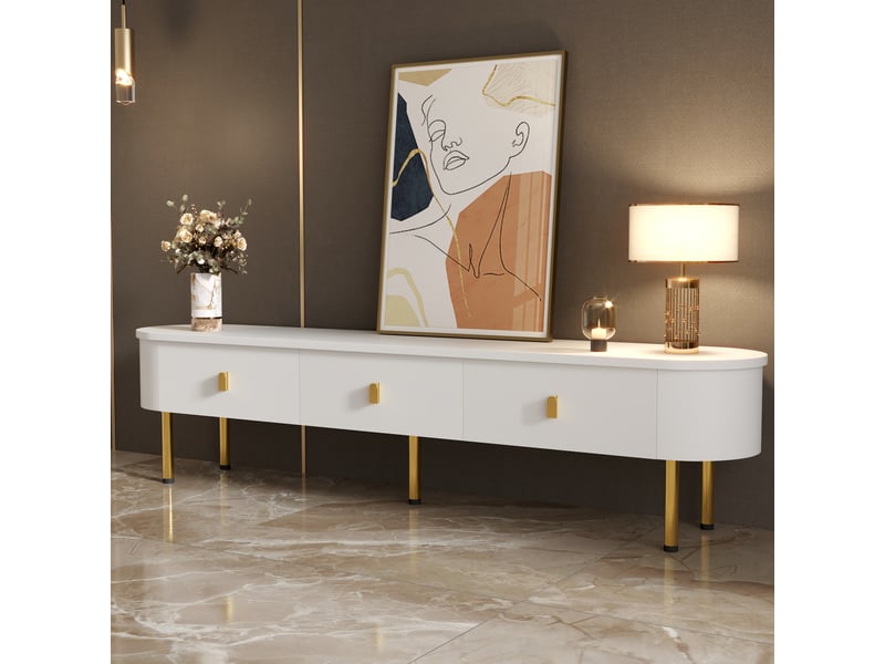  Meuble tv à tiroirs – pieds dorés, poignées dorées, coins arrondis – style élégant pour salon  - Conforama B