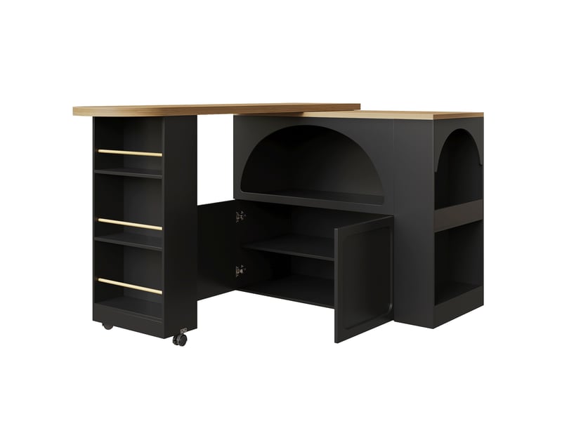  Table de bar extensible 135-205x39x100cm roulettes freinées éclairage multicolore commandable rangements mdf noir  - Conforama E