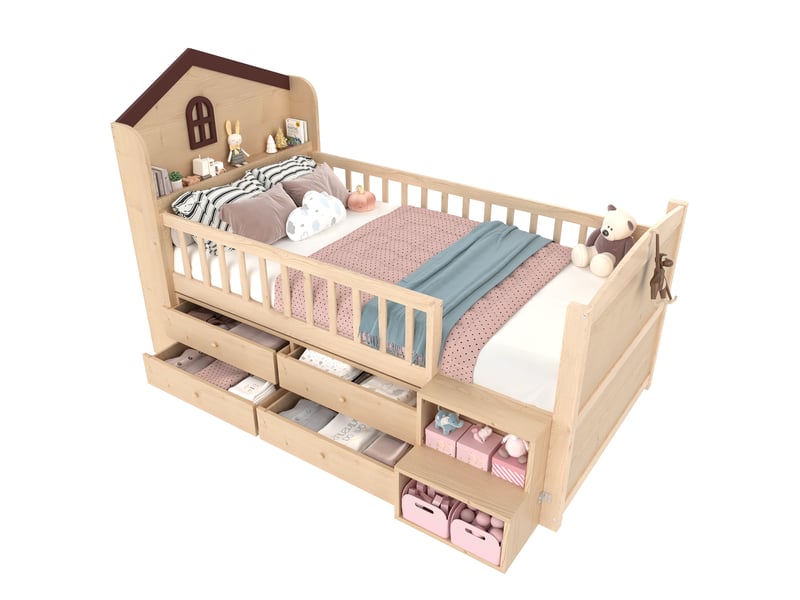  Lit cabane mi-hauteur modenvie 90 x 200 cm avec 4 tiroirs, éclairage led, échelle avec rangements et fenêtres, blanc et naturel  - Conforama A