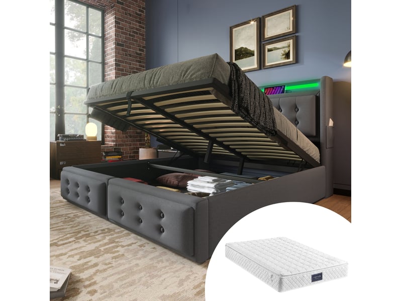  Lit coffre 140 × 200 cm 2 places avec led réglable, prises, usb et type-c, matelas inclus, en tissu gris  - Conforama B