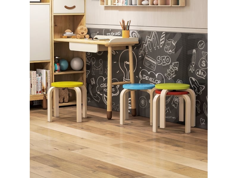 Lot de 4 tabourets empilables ronds avec patins en feutre antidérapants en contreplaqué de bouleau verni multicolore  - Conforama D