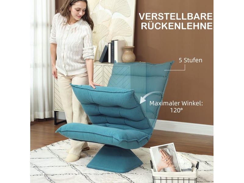  Fauteuil pivotant de relaxation avec dossier inclinable à 120° et base rotative, en acier bleu  - Conforama D