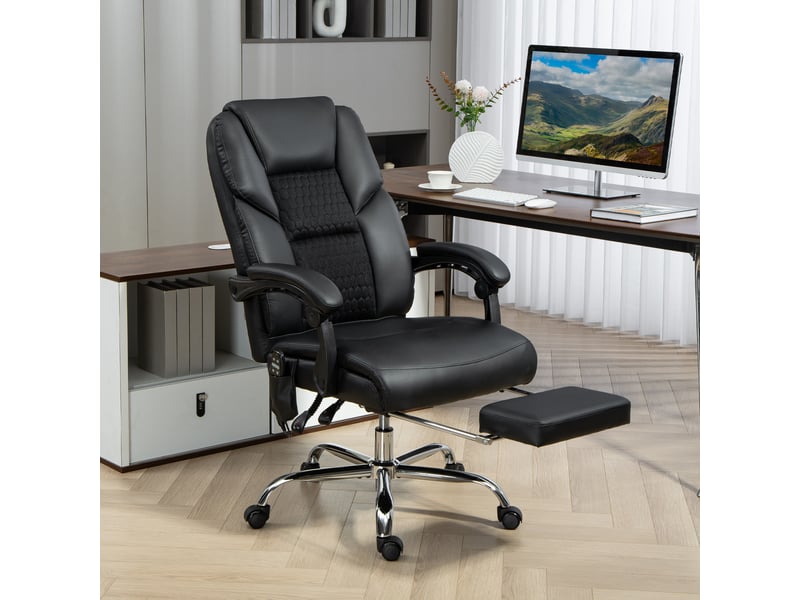  Fauteuil de bureau massant et chauffant avec dossier inclinable et repose-pieds, en cuir pu noir.  - Conforama D