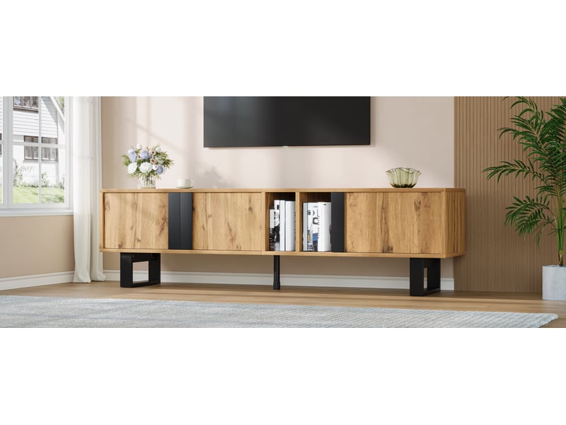  Meuble tv avec 3 portes, 2 niches ouvertes et passe-câbles, pieds en fer noir pour salon, mdf, 160×40×50 cm, naturel  - Conforama E