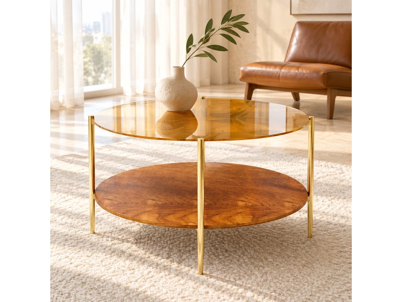  Table basse ronde à deux niveaux avec rangement - lpospi - plateau en verre trempé, bois et métal doré 82 × 45 cm  - Conforama C