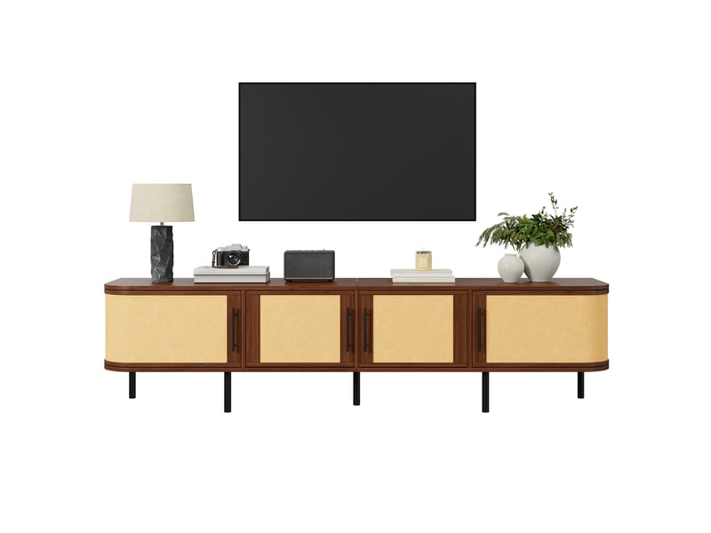  Meuble tv bas 180x40x45 cm, fini noyer en mdf, rangement 4 portes, façade tressée, poignées noirs, pieds en métal  - Conforama A