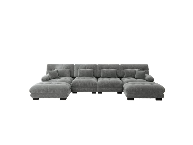  Canapé modulable d’angle u 4 places 406x145x81 cm, ottomane mobile, coussins, effet nuage, chenille, gris  - Conforama A