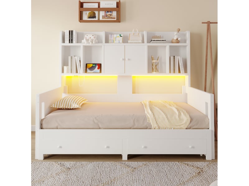  Lit gigogne 90x190-180x190 cm, tiroirs rangement, lit banquette, lit enfant, prise usb, led, bois, blanc, sans matelas  - Conforama B