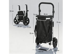 Chariot de courses pliable 45,5x35,5x97 cm – noir – 3-en-1, sac isotherme 40 l et charge 25 kg
