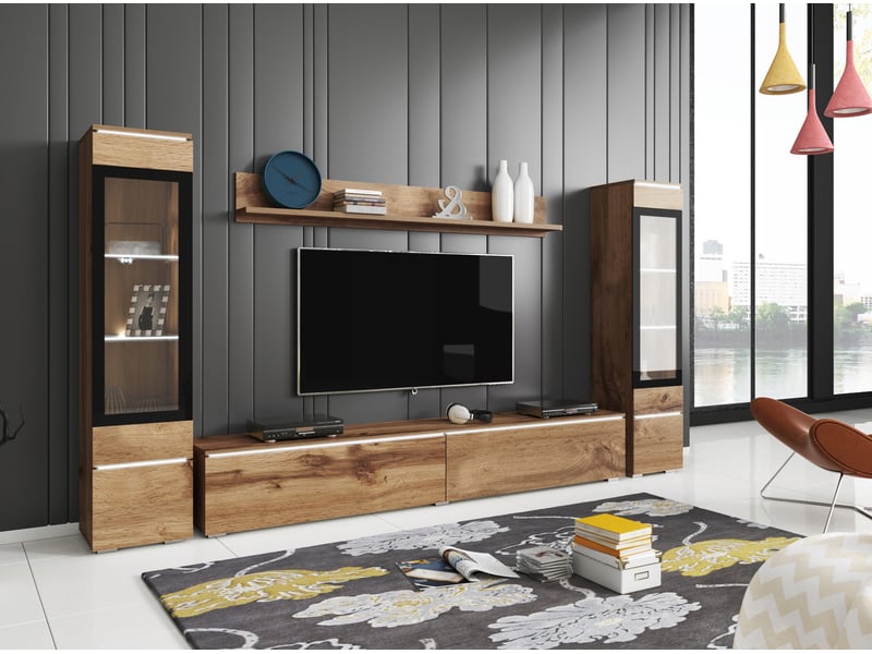  Ensemble salon 4 éléments: tv 180 + 2 vitrines + étagère, chêne wotan mat  - Conforama C