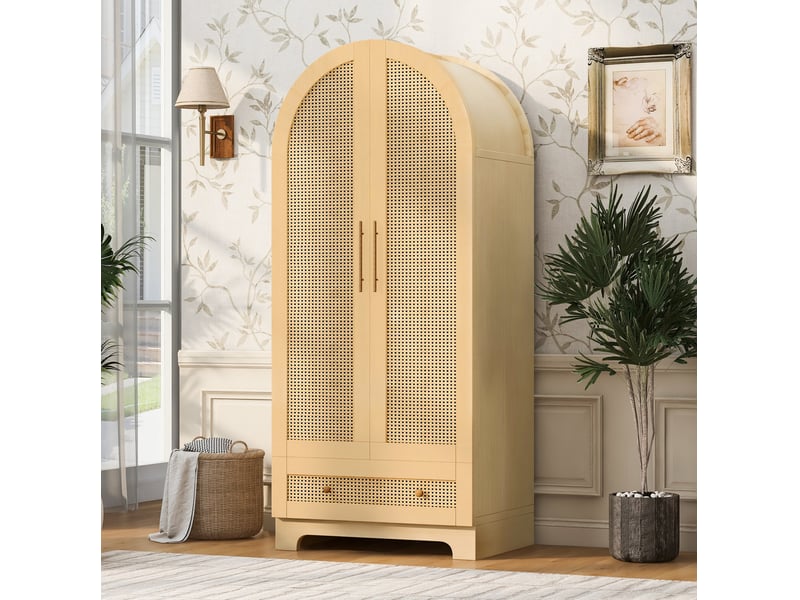  Armoire à 2 portes avec 2 tiroirs et niche, portes aspect rotin, pour chambre, bois couleur bois, 70 × 55 × 170 cm  - Conforama B