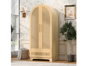 Armoire à 2 portes avec 2 tiroirs et niche, portes aspect rotin, pour chambre, bois couleur bois, 70 × 55 × 170 cm
