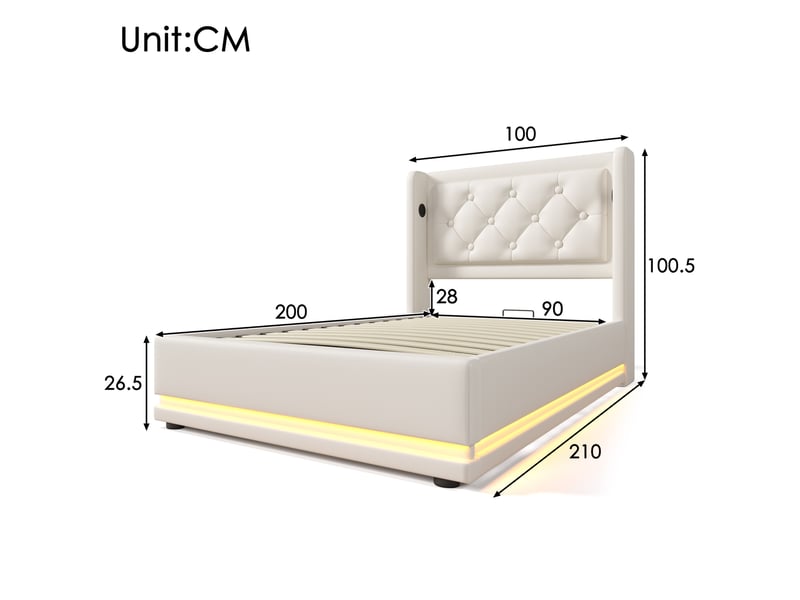  Modenvie lit coffre 90x200 cm - rangement hydraulique, ports usb et usb-c, sans matelas - blanc  - Conforama C