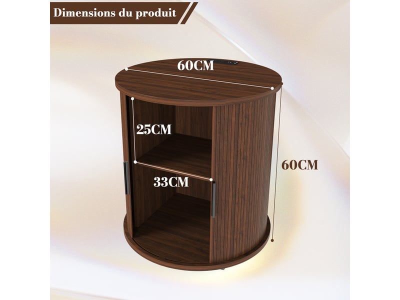 Table de chevet ronde pivotante avec station de charge intégrée, 2 niveaux de rangement et roulettes freinables - Conforama C