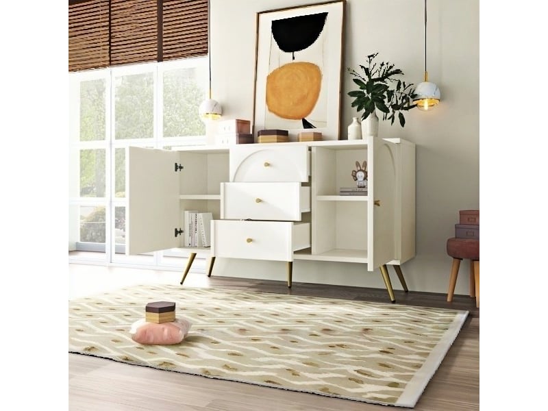  Commode à 3 tiroirs et 2 portes, 140 x 40 x 84 cm, façades arquées et étagères réglables, blanc crème  - Conforama D