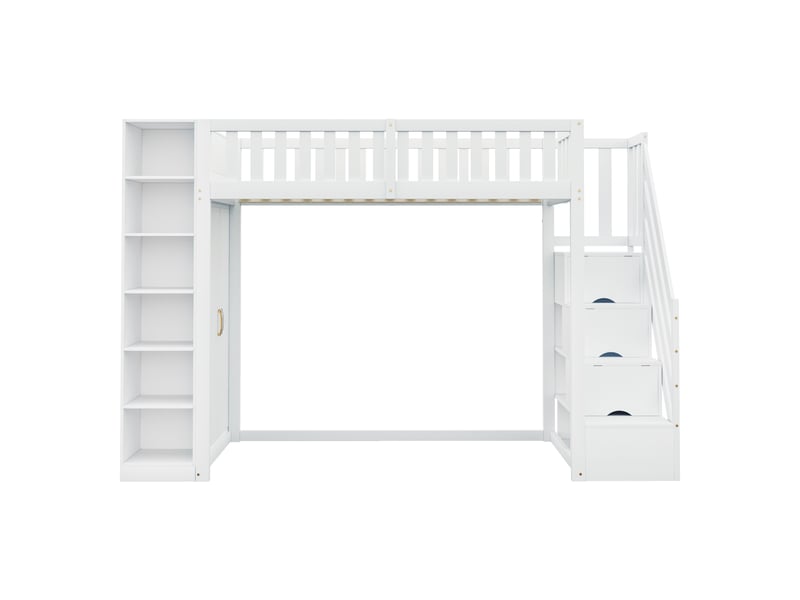  Lit mezzanine multifonctionnel 90x200cm avec étagères, armoire de rangement et grande penderie, échelle de sécurité avec compartiments de rangement, blanc  - Conforama E