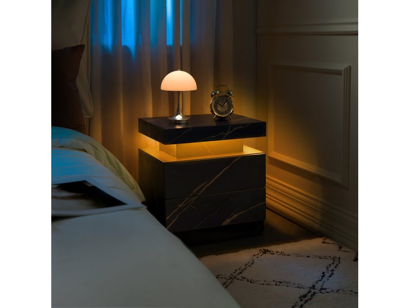  Table de chevet led moderne noire et dorée – 2 tiroirs – 50 × 53 × 36 cm  - Conforama C