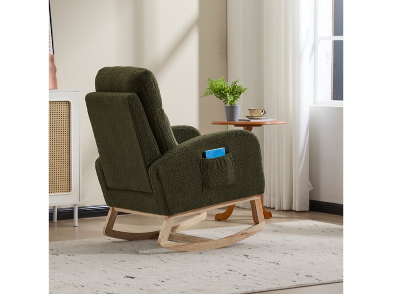  Fauteuil à bascule modenvie à dossier haut 75 x 63 x 104 cm en tissu teddy vert avec poche latérale  - Conforama E