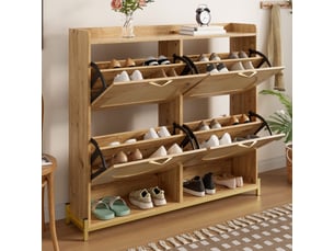 Meuble à chaussures 108,5x24x100 cm, 4 portes effet rotin, cadre métal et étagère haute, gain de place pour entrée et couloir - bois