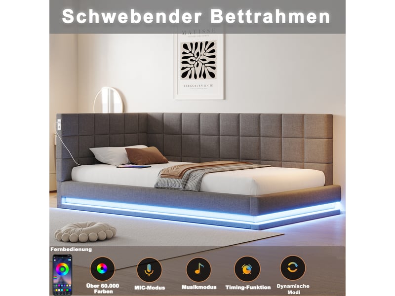  Lit capitonné et canapé-lit 90x200 cm en lin gris avec led, usb et sommier, sans matelas  - Conforama E
