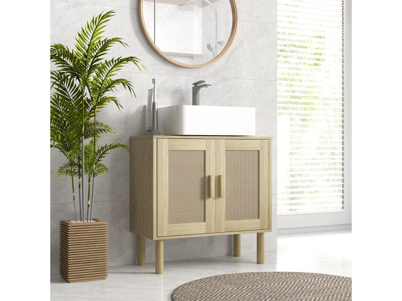  Meuble salle de bain sous lavabo meuble sous lavabo portes en rotin pieds bois de pin 2 niveaux 60 x 30 x 60 cm chêne  - Conforama D
