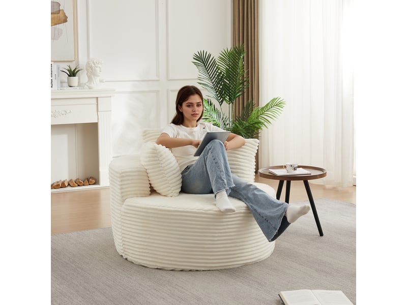  Canapé 1 place rond 110 cm en velours côtelé, fauteuil lounge avec 3 coussins, assise cocooning pour salon et chambre - beige  - Conforama E