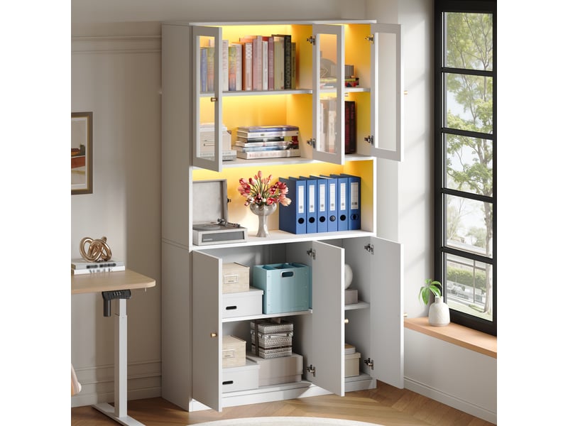 Bibliothèque avec led 100x35x200 cm, vitrine en verre, meuble de salon, 6 portes, pour chambre et bureau, mdf, blanc - Conforama D