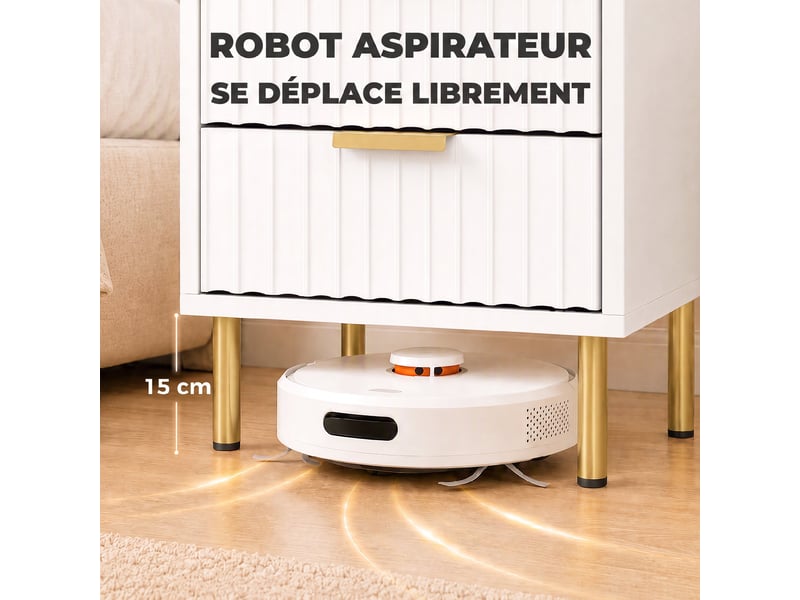  Table de chevet, table de nuit cannelée avec 2 tiroirs et pieds en acier, pour chambre à coucher, salon, blanc  - Conforama R