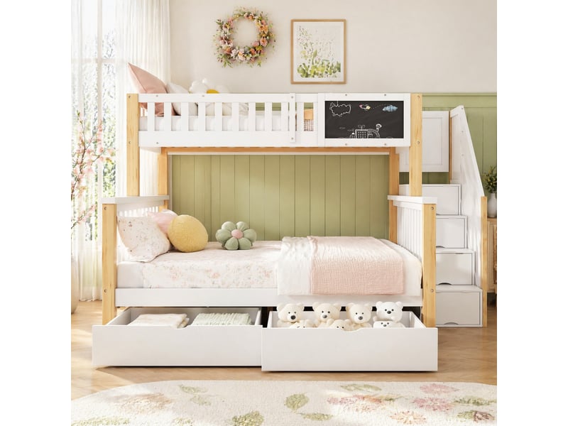 Lit superposé enfant 200×90 cm et 200×140 cm avec tableau et rangements, sans matelas, blanc et chêne clair - Conforama B