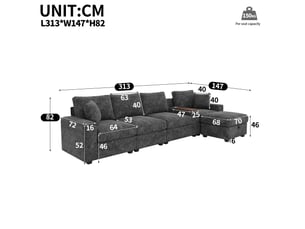 Canapé modulable en l 5 places gris avec pouf et table pivotante