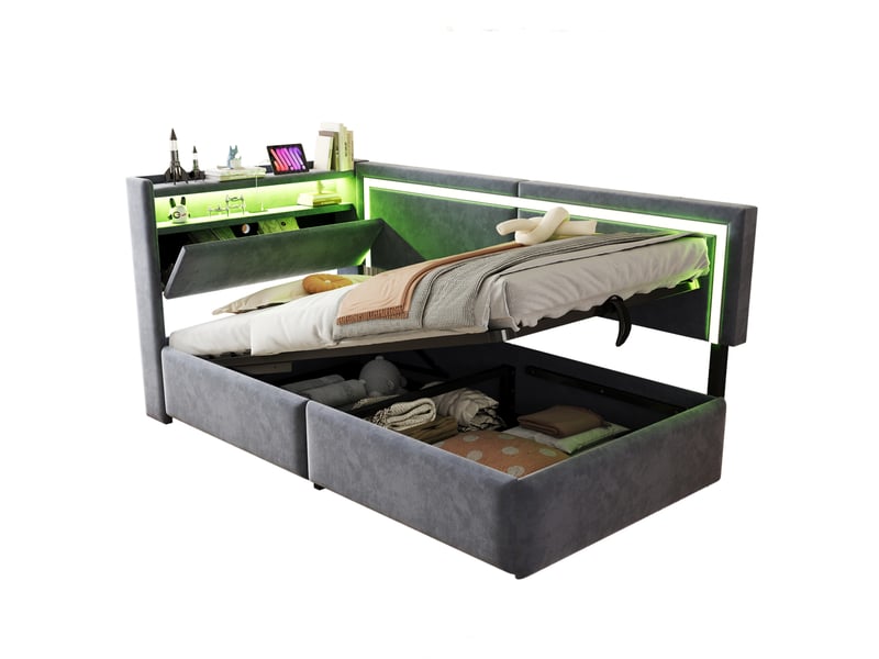  Lit coffre enfant, 90 x 200 cm, avec led intégrée et connectiques usb, foncé, matelas non inclus, velours, coloris gris  - Conforama A