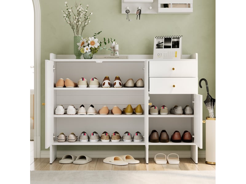  Meuble à chaussures 120x35x90 cm 3 portes 2 tiroirs mdf et panneau de particules blanc  - Conforama E