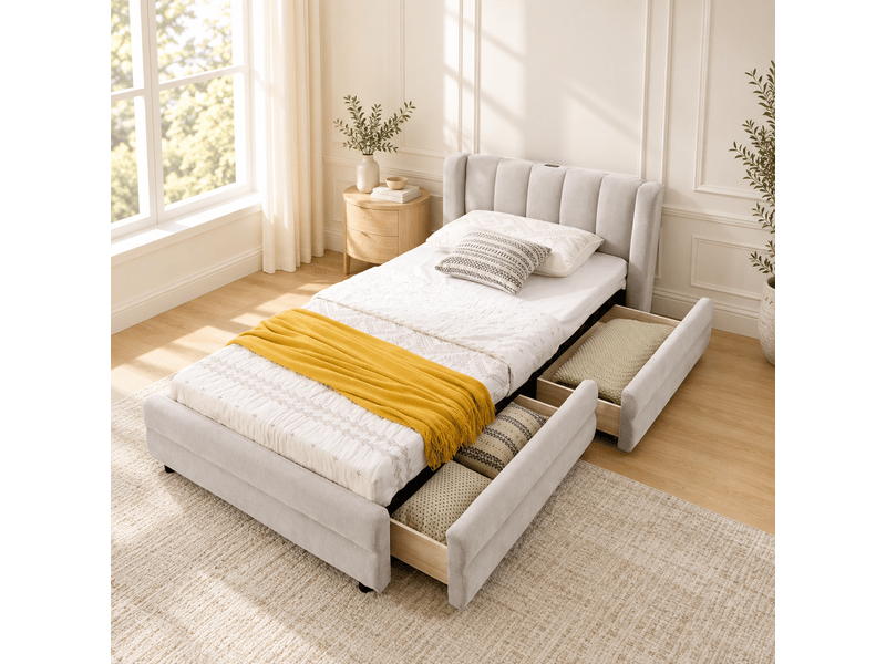  Lit enfant 90 x 200 cm, 1 tiroirs, rangements latéraux, port usb, design ergonomique, tissu chenille doux, beige Bliss Lite - Conforama B