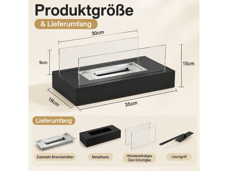  Zmh cheminée éthanol de table 35x18x15cm avec deux abat-jours en verre trempé  - Conforama E