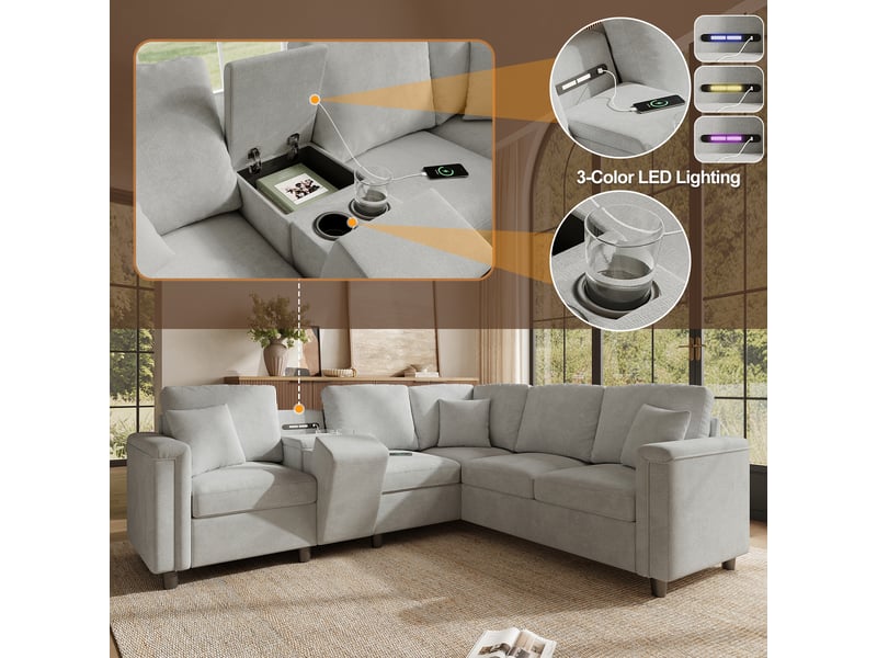  Canapé d'angle en l 5 places 235 x 208 x 83 cm, console de rangement, porte-gobelets, liseuse, ports usb et usb-c, chenille, gris clair ABC - Conforama D