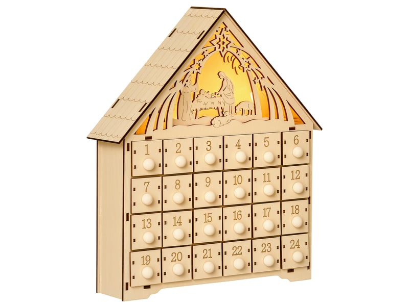  Calendrier de l'avent à remplir en bois, décoration de noël avec 24 tiroirs et 5 lumières led, 26,6x6x30cm, bois naturel  - Conforama A