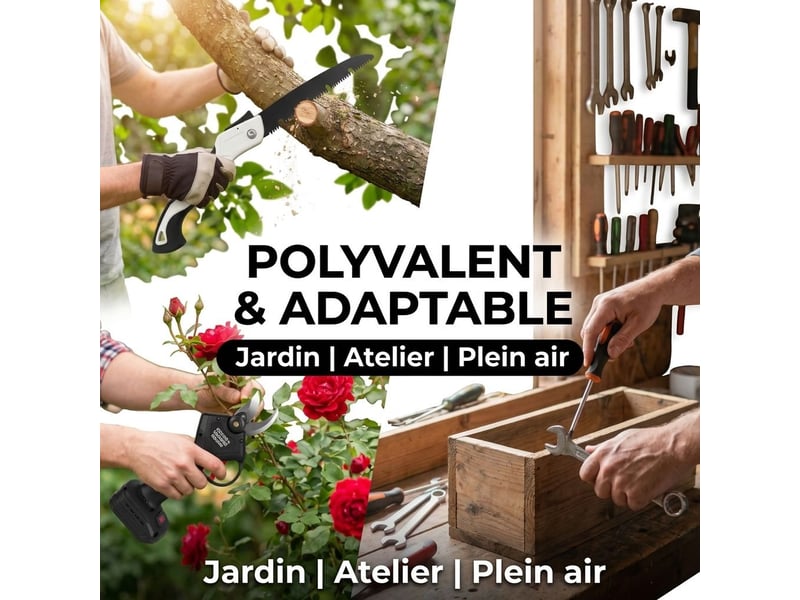  Tronçonneuse et sécateur sans fil 21v avec batterie li-ion 2.0ah – coffret outillage de jardin 12 pièces avec scie pliante 40 cm et mallette rigide de transport – rouge  - Conforama C