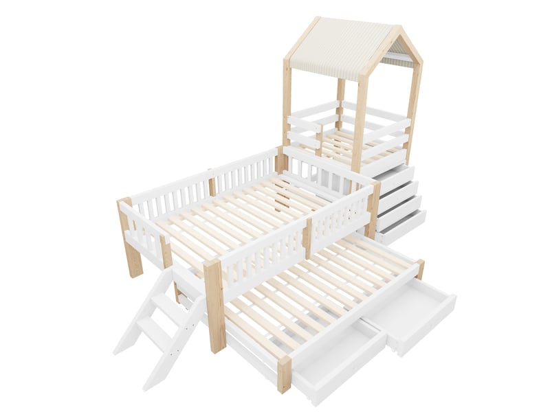  Lit superposé cabane 90x200 cm avec lit gigogne 90x190 - lit enfant en bois avec commode 4 tiroirs, escalier latéral et toit en tissu, naturel evarich - Conforama D