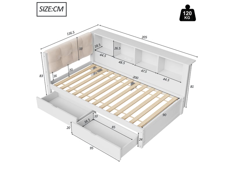 Lit banquette simple 90×200 cm, 2 tiroirs, led réglable, étagères et usb - modenvie - sans matelas, blanc - Conforama D