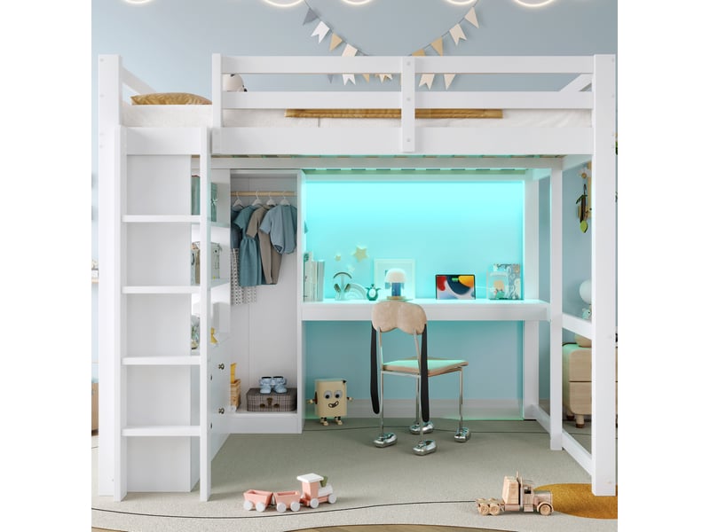 Lit mezzanine 140x200 cm avec bureau, 2 tiroirs, rangements, led et usb, blanc - Conforama D