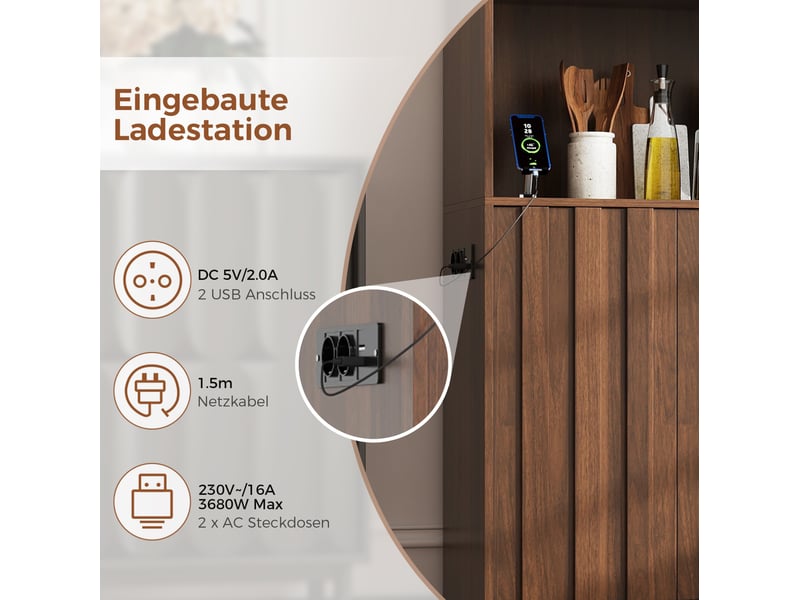 Buffet de cuisine haute 105 x 40 x 180 cm avec éclairage led rgb et prises, 2 portes, étagères ouvertes, noyer  - Conforama E