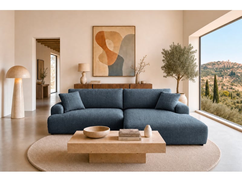Elias - canapé d'angle convertible tissu chenille 3 places bleu gauche - Conforama D