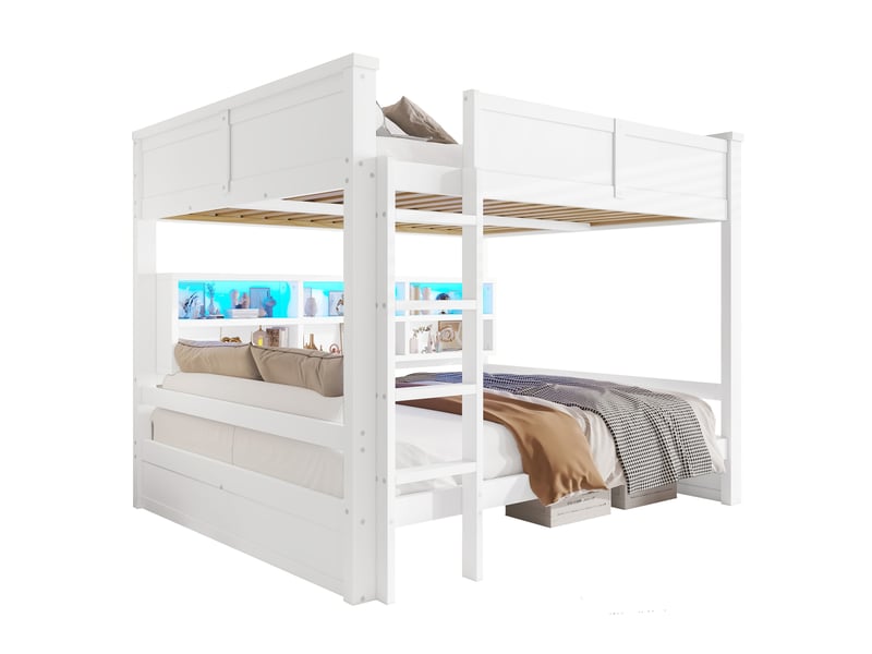  Lit superposé 2 x 160 x 200 cm avec 6 rangements et éclairage led intégré, barrières de sécurité - blanc  - Conforama A