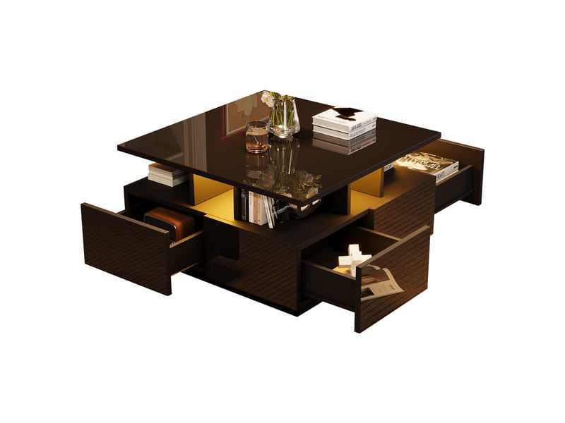  Table basse carrée noire avec led 4 tiroirs 70x70x40 cm - haute brillance 3 niveaux  - Conforama A