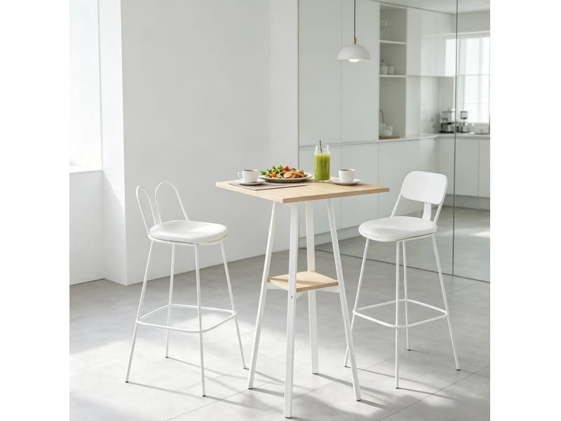  Table haute de bar carrée 55x55x95 cm – naturel et blanc – étagère basse pour 2 personnes et pieds réglables  - Conforama D