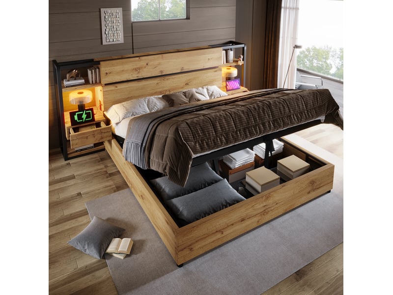  Lit double coffre hydraulique 180 x 200 cm coloris chêne avec rangement, tiroirs et ports usbtype-c  - Conforama D