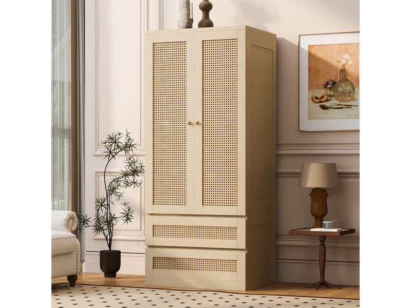  Armoire de chambre 70 x 55 x 170 cm avec tiroirs et étagères, façades imitation rotin, grande rangement, design moderne, naturel Sol Morn - Conforama B