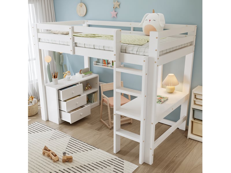 Lit mezzanine 90x200cm avec bureau, meuble à tiroirs et étagère de rangement, échelle à 4 niveaux, bois, blanc,sans matelas - Conforama B