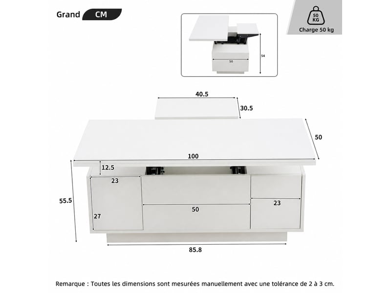  Table basse blanche à double plateau relevable avec rangement – 100 x 50 cm  - Conforama D